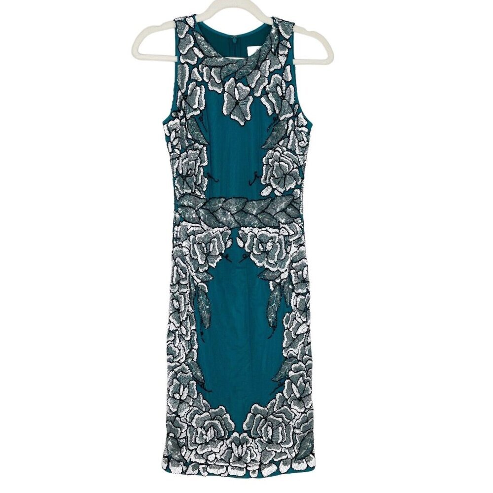 Badgley Mischka Sequin Cocktail Dress Womens Size‎ 4 Teal Sleeveless Evening